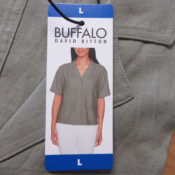 BUFFALO DAVID BITTON Linen Blend Button Front Shirt‎ L 12-14 Olive Green Top NWT - Picture 4 of 10